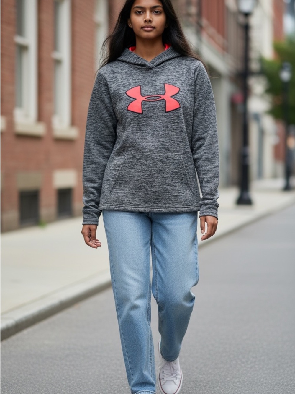 Under Armour Women's Heather Gray Hoodie with Coral Logo